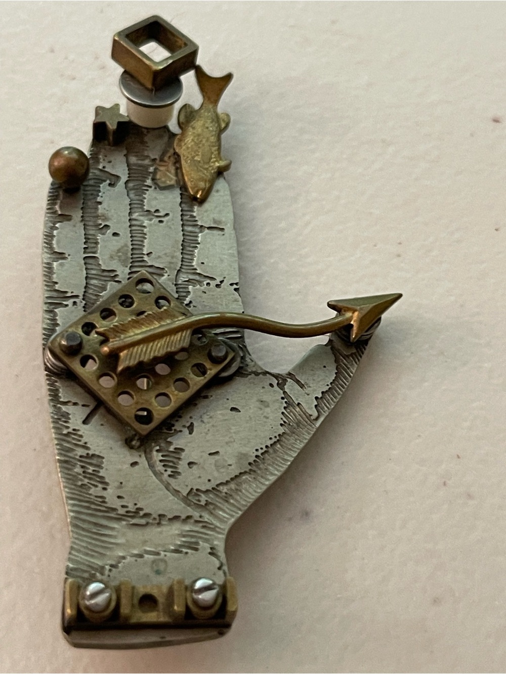 RARE! Thomas Mann mixed medals Hamsa hand brooch artist signed